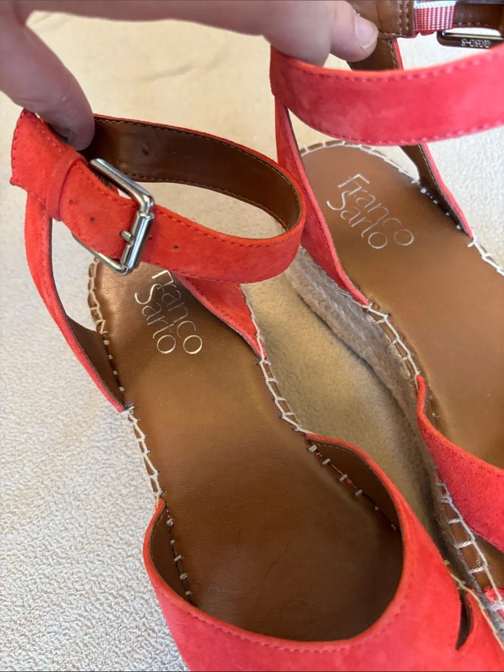 NWOT Red Leather and Suede Espadrille Wedge Sandals with Ankle Strap